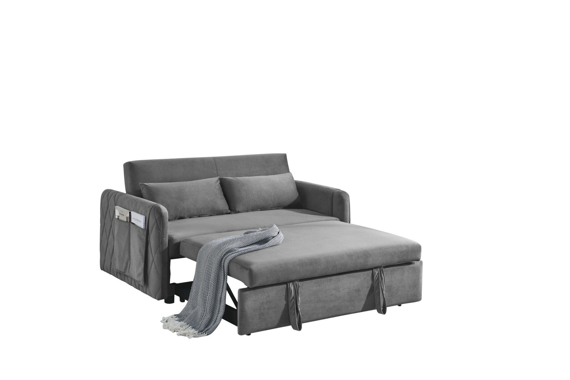 55" Modern Convertible Sofa Bed With 2 Detachable Arm Pockets, Velvet Loveseat Sofa With Pull Out Bed, 2 Pillows And Living Room Adjustable Backrest, Grid Design Armrests Grey Foam Velvet