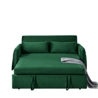 55" Modern Convertible Sofa Bed With 2 Detachable Arm Pockets, Velvet Loveseat Sofa With Pull Out Bed, 2 Pillows And Living Room Adjustable Backrest, Grid Design Armrests Green Foam Velvet