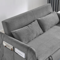 55" Modern Convertible Sofa Bed With 2 Detachable Arm Pockets, Velvet Loveseat Sofa With Pull Out Bed, 2 Pillows And Living Room Adjustable Backrest, Grid Design Armrests Grey Foam Velvet