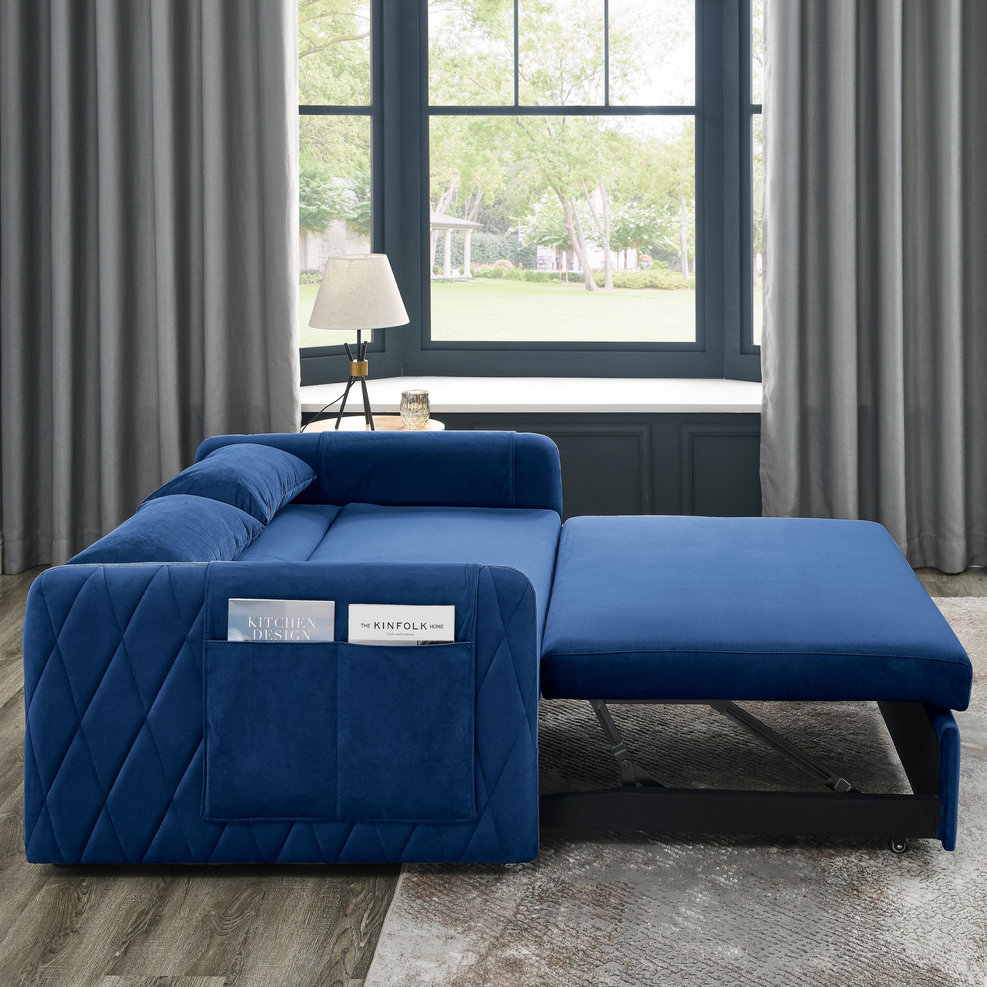 55" Modern Convertible Sofa Bed With 2 Detachable Arm Pockets, Velvet Loveseat Sofa With Pull Out Bed, 2 Pillows And Living Room Adjustable Backrest, Grid Design Armrests Blue Foam Velvet