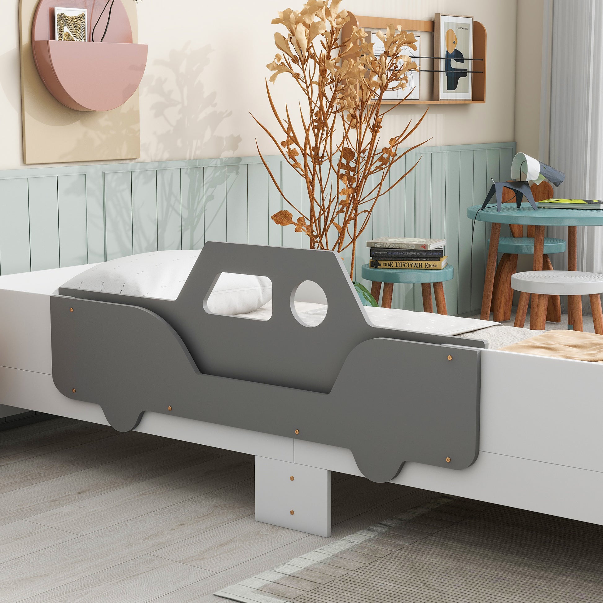 Car Shaped Twin Wood Bed With Bench,White Twin White Wood Bedroom American Design Pine Kids Pine