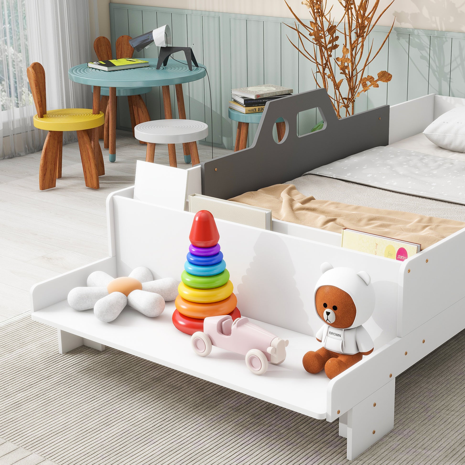 Car Shaped Twin Wood Bed With Bench,White Twin White Wood Bedroom American Design Pine Kids Pine