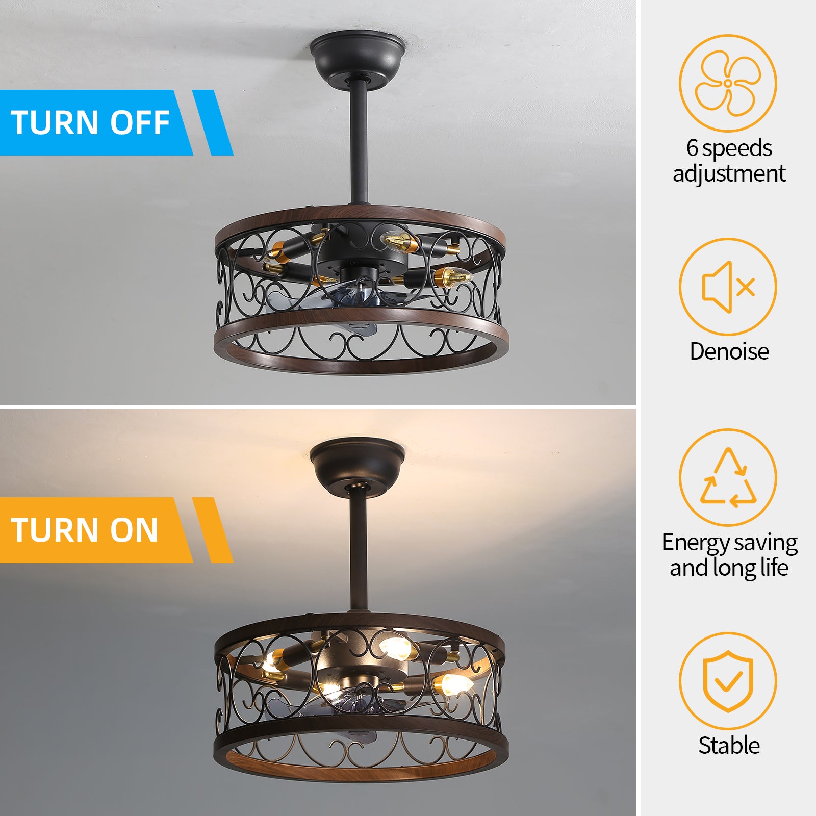 18Inch Caged Ceiling Fan With Lights Remote Control For App Note:No On Bulbs Brown Retro Iron