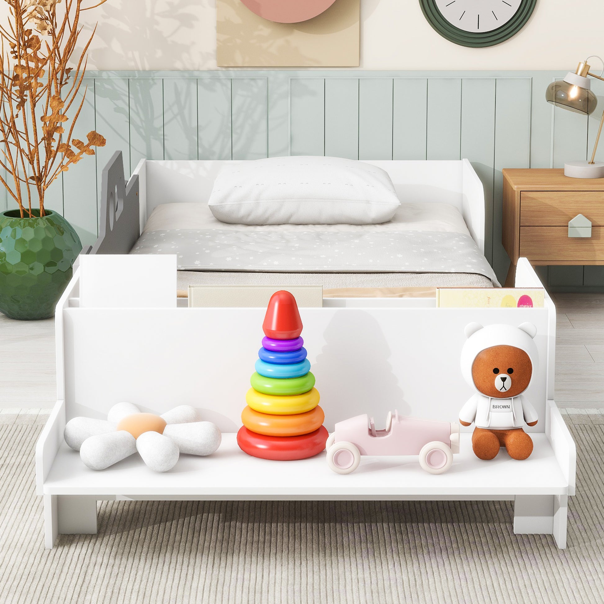 Car Shaped Twin Wood Bed With Bench,White Twin White Wood Bedroom American Design Pine Kids Pine