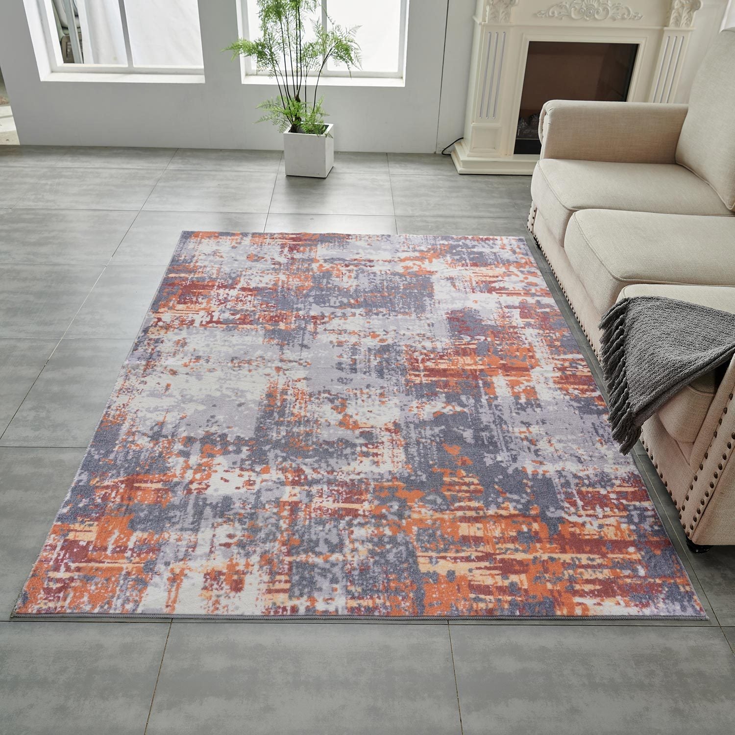 Zara Abstract Design Machine Washable Grey Brown And Rust Area Rug Multicolor Polyester