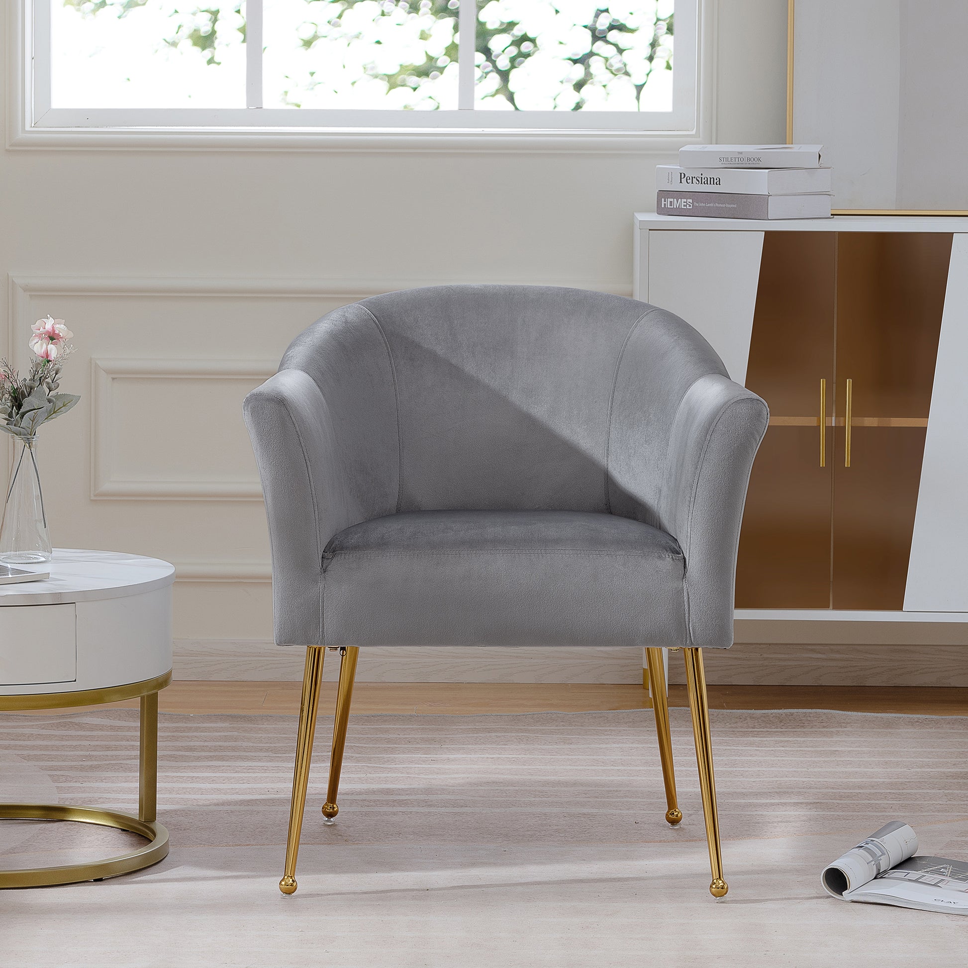 Velvet Accent Chair With Wood Frame, Modern Armchair Club Leisure Chair With Gold Metal Legs, Single Reading Chair For Living Room Bedroom Office Hotel Apartments Gray Polyester Polyester