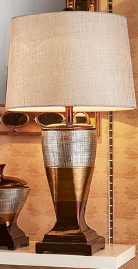 30" Tall Polyresin Table Lamp "Naomi" With Egyptian Design, Silvery Linen Shade Multicolor Polyresin