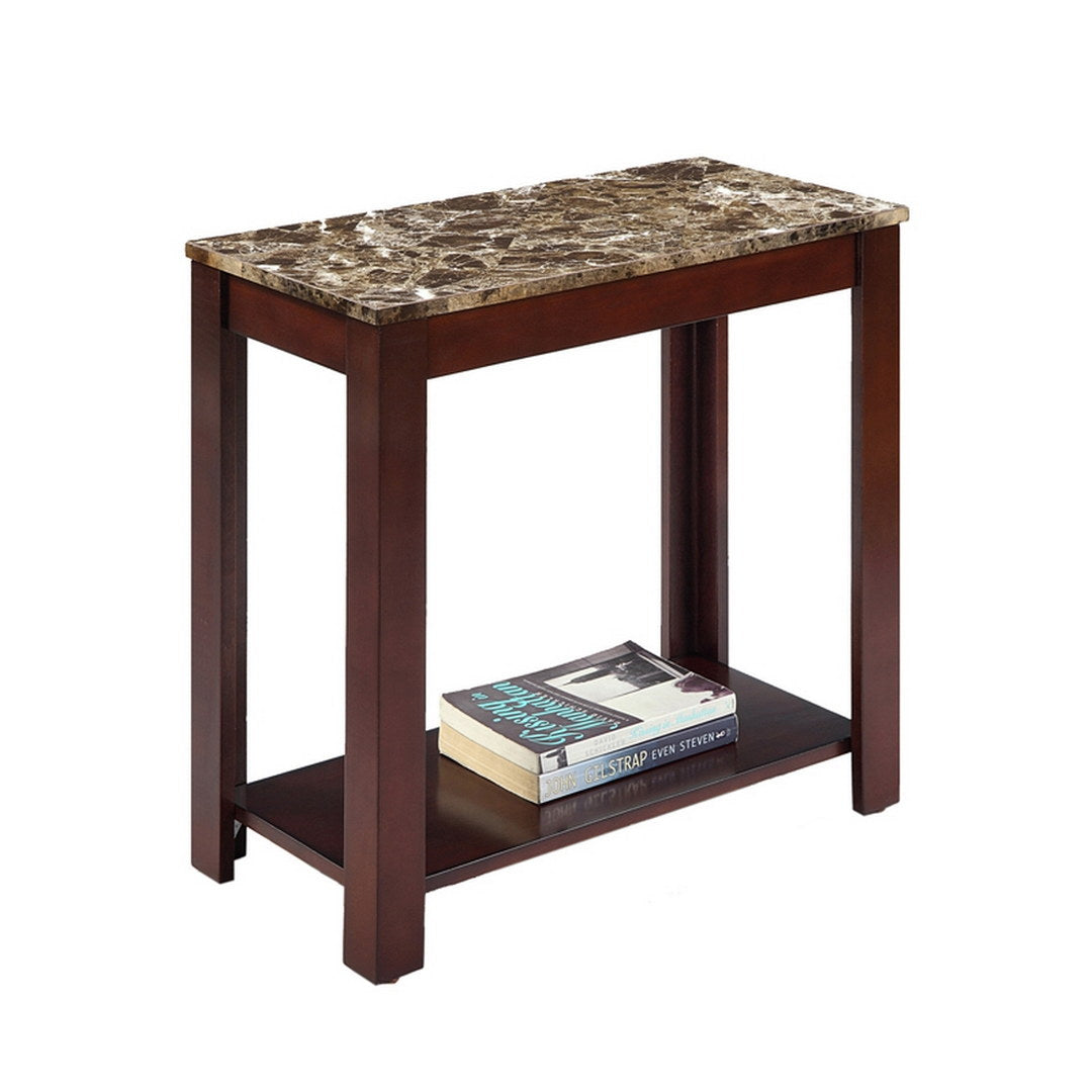 24" Tall Wooden End Table With Dark Cherry Finish And Marble Print Top Multicolor Wood