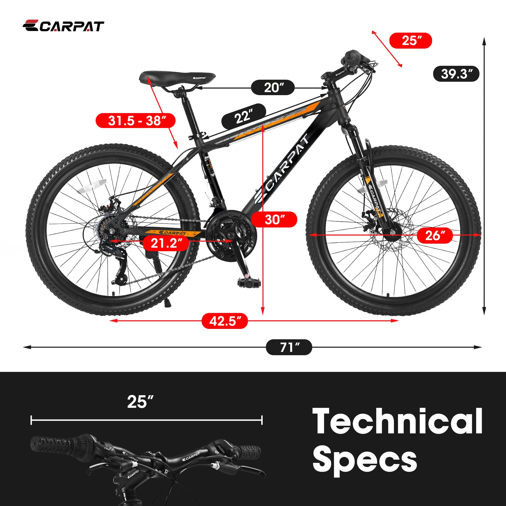 S26102 26 Inch Mountain Bike, Shimano 21 Speeds With Mechanical Disc Brakes, High Carbon Steel Frame, Suspension Mtb Bikes Mountain Bicycle For Adult & Teenagers Orange Aluminium