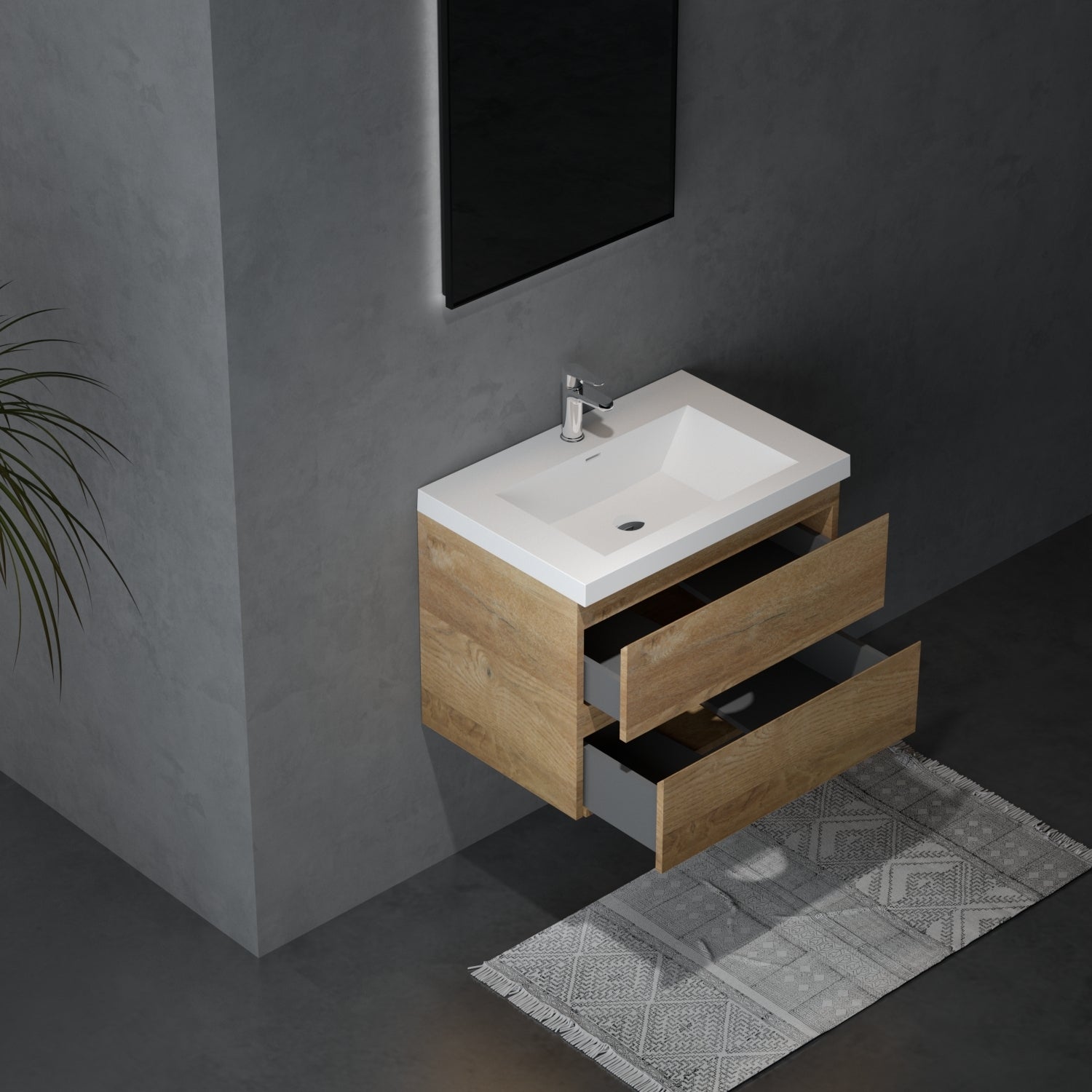 29'' Wall Mounted Single Bathroom Vanity In Natural Wood With White Solid Surface Vanity Top Natural Wood Melamine