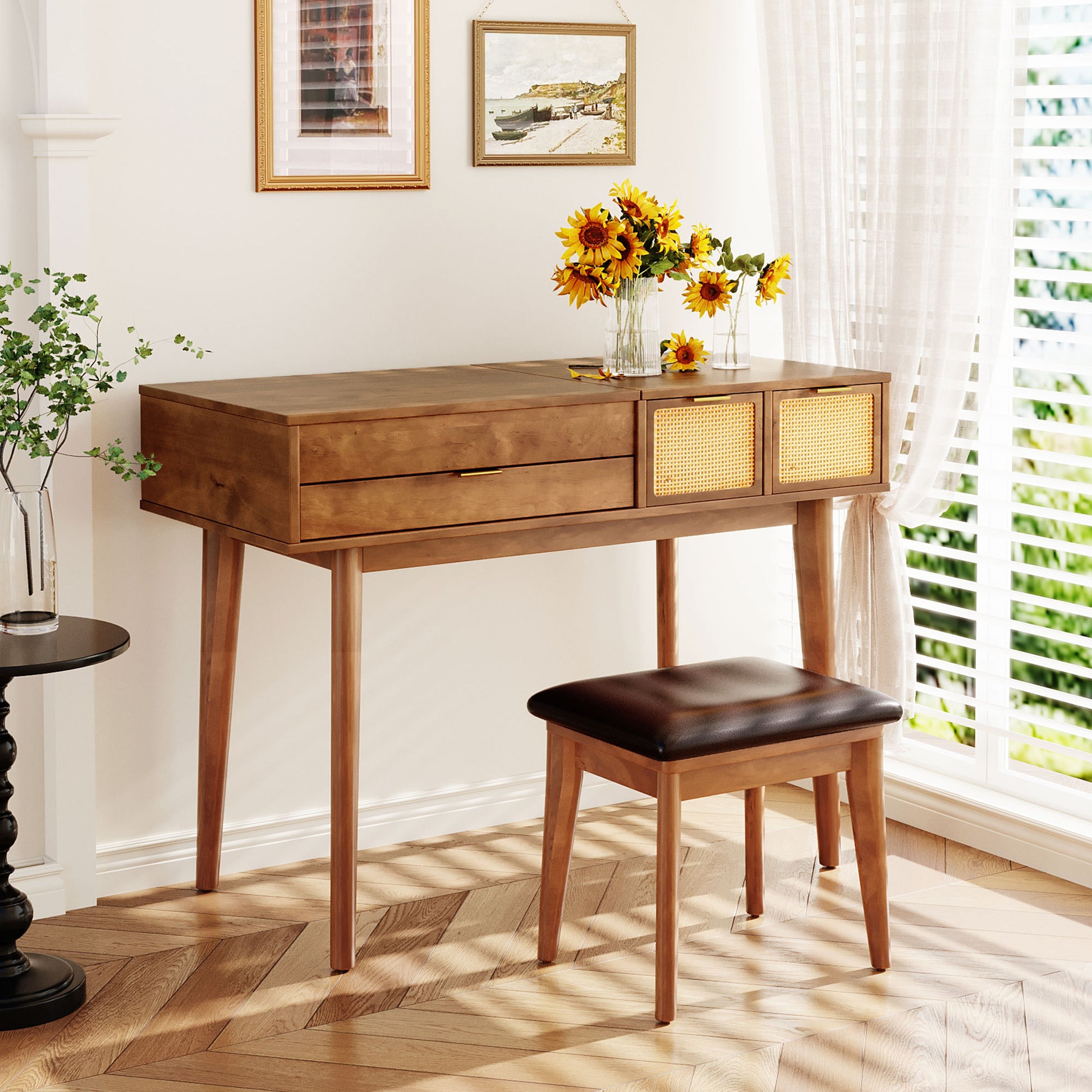 43.3" Classic Wood Makeup Vanity Set With Flip Top Mirror And Stool, Dressing Table With Three Drawers And Storage Space, Brown Brown Solid Wood Mdf