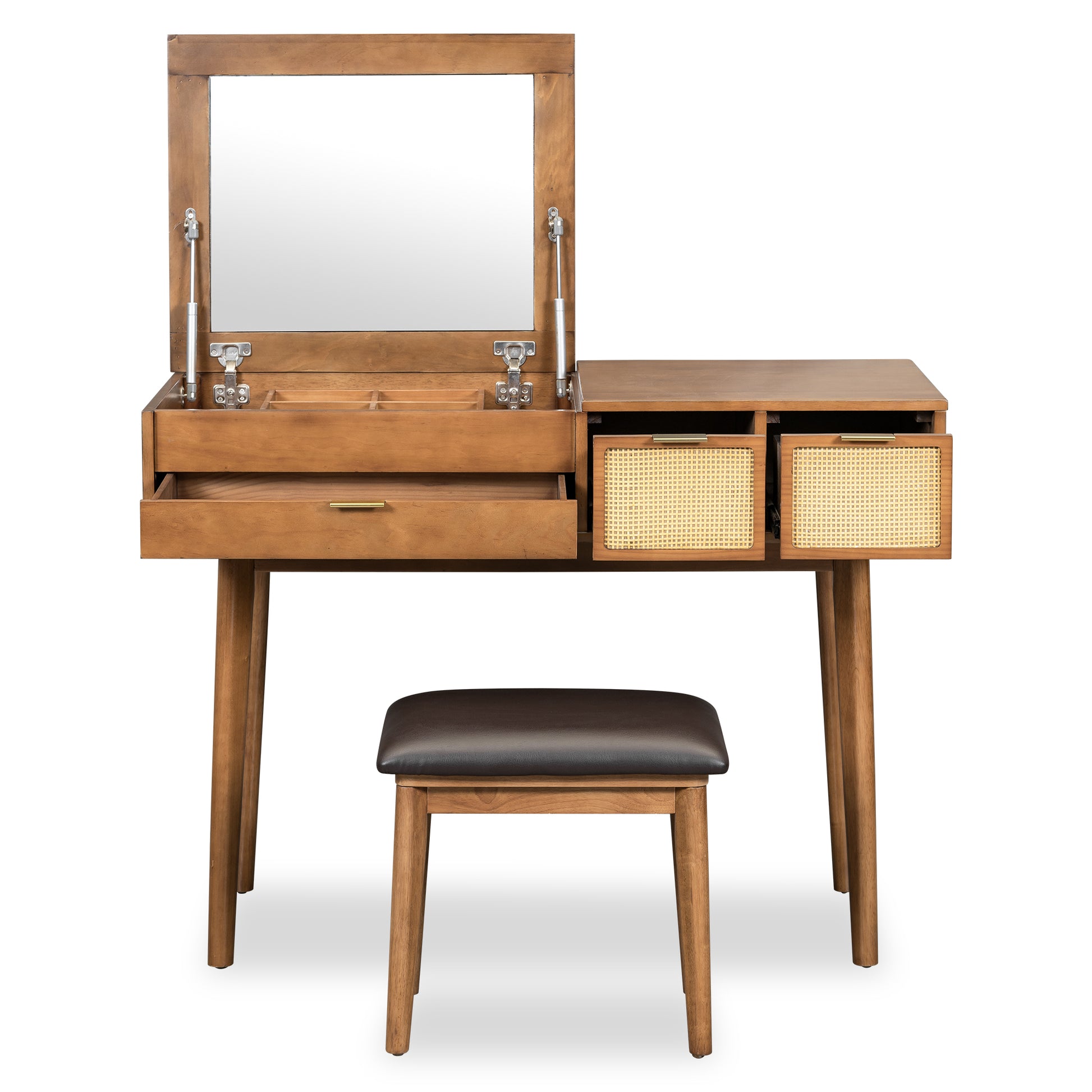 43.3" Classic Wood Makeup Vanity Set With Flip Top Mirror And Stool, Dressing Table With Three Drawers And Storage Space, Brown Brown Solid Wood Mdf