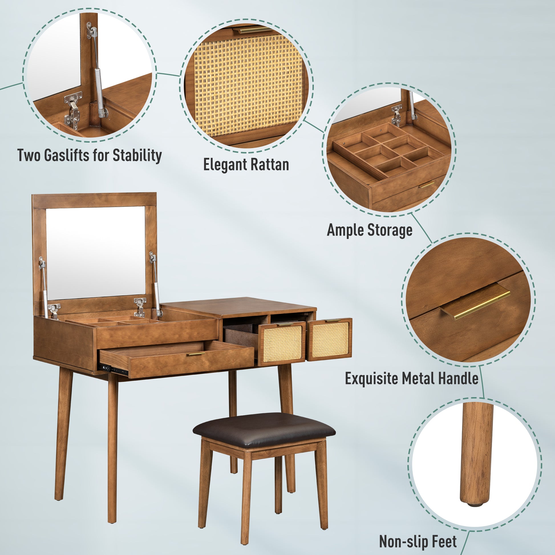 43.3" Classic Wood Makeup Vanity Set With Flip Top Mirror And Stool, Dressing Table With Three Drawers And Storage Space, Brown Brown Solid Wood Mdf