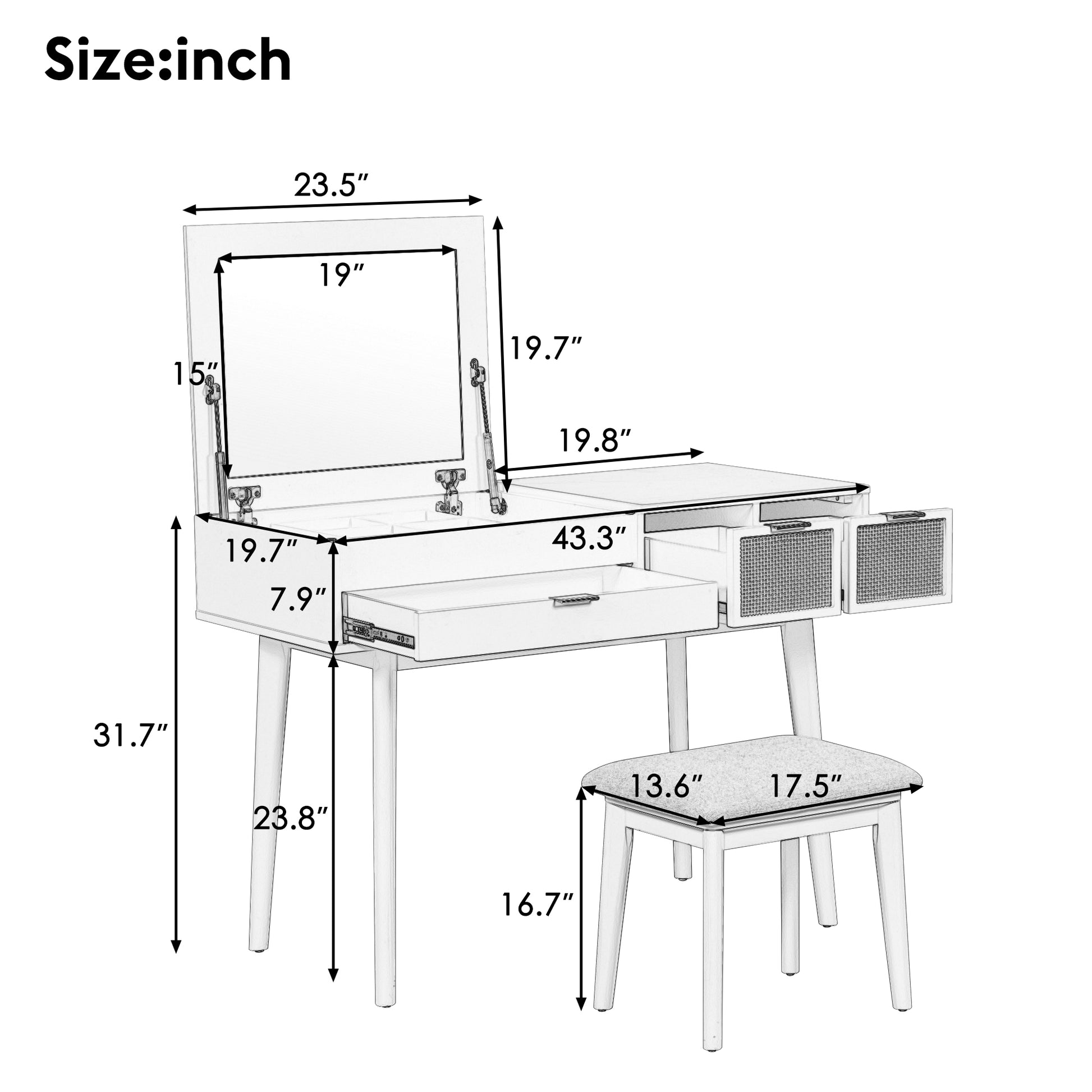 43.3" Classic Wood Makeup Vanity Set With Flip Top Mirror And Stool, Dressing Table With Three Drawers And Storage Space, Brown Brown Solid Wood Mdf