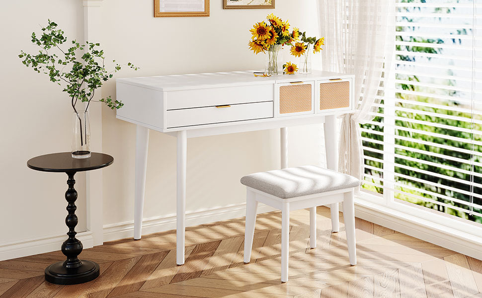 43.3" Classic Wood Makeup Vanity Set With Flip Top Mirror And Stool, Dressing Table With Three Drawers And Storage Space, White White Solid Wood Mdf