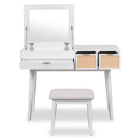 43.3" Classic Wood Makeup Vanity Set With Flip Top Mirror And Stool, Dressing Table With Three Drawers And Storage Space, White White Solid Wood Mdf