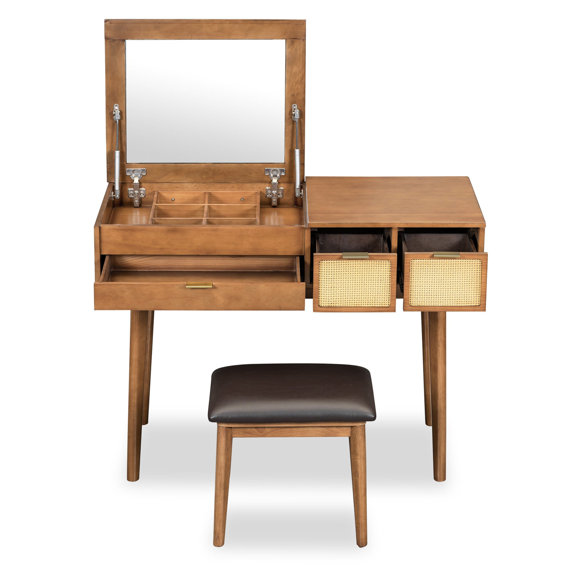 43.3" Classic Wood Makeup Vanity Set With Flip Top Mirror And Stool, Dressing Table With Three Drawers And Storage Space, Brown Brown Solid Wood Mdf