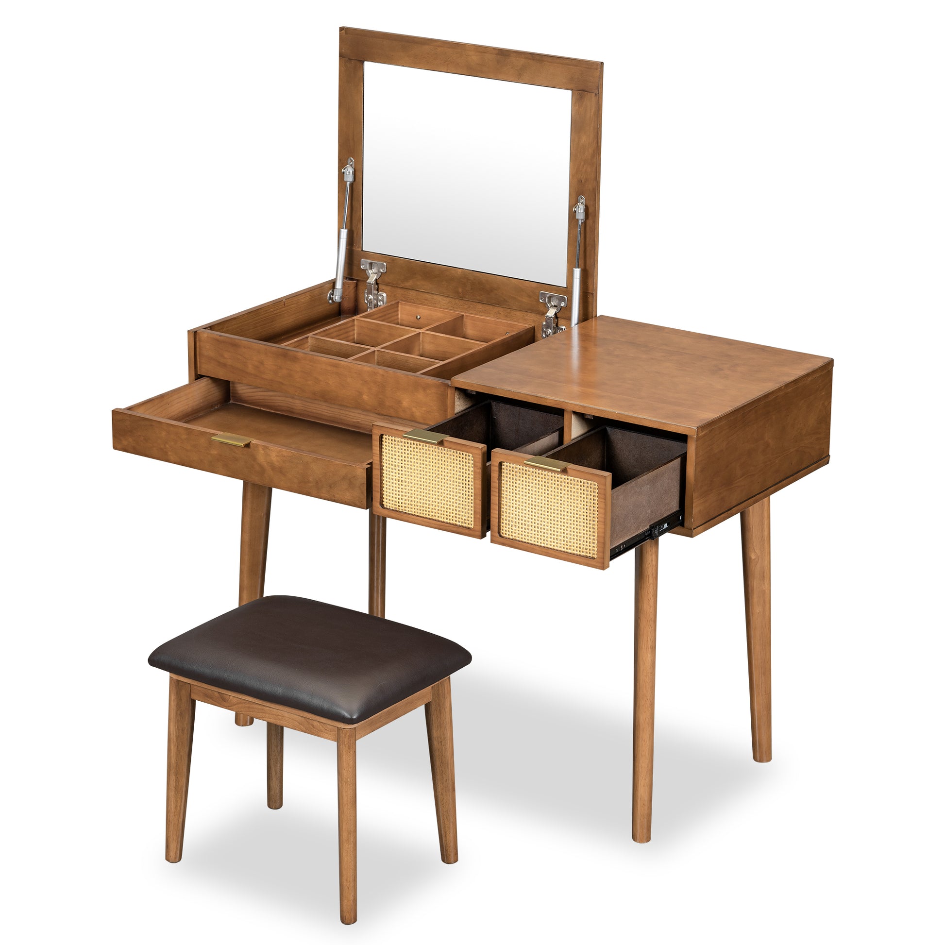 43.3" Classic Wood Makeup Vanity Set With Flip Top Mirror And Stool, Dressing Table With Three Drawers And Storage Space, Brown Brown Solid Wood Mdf