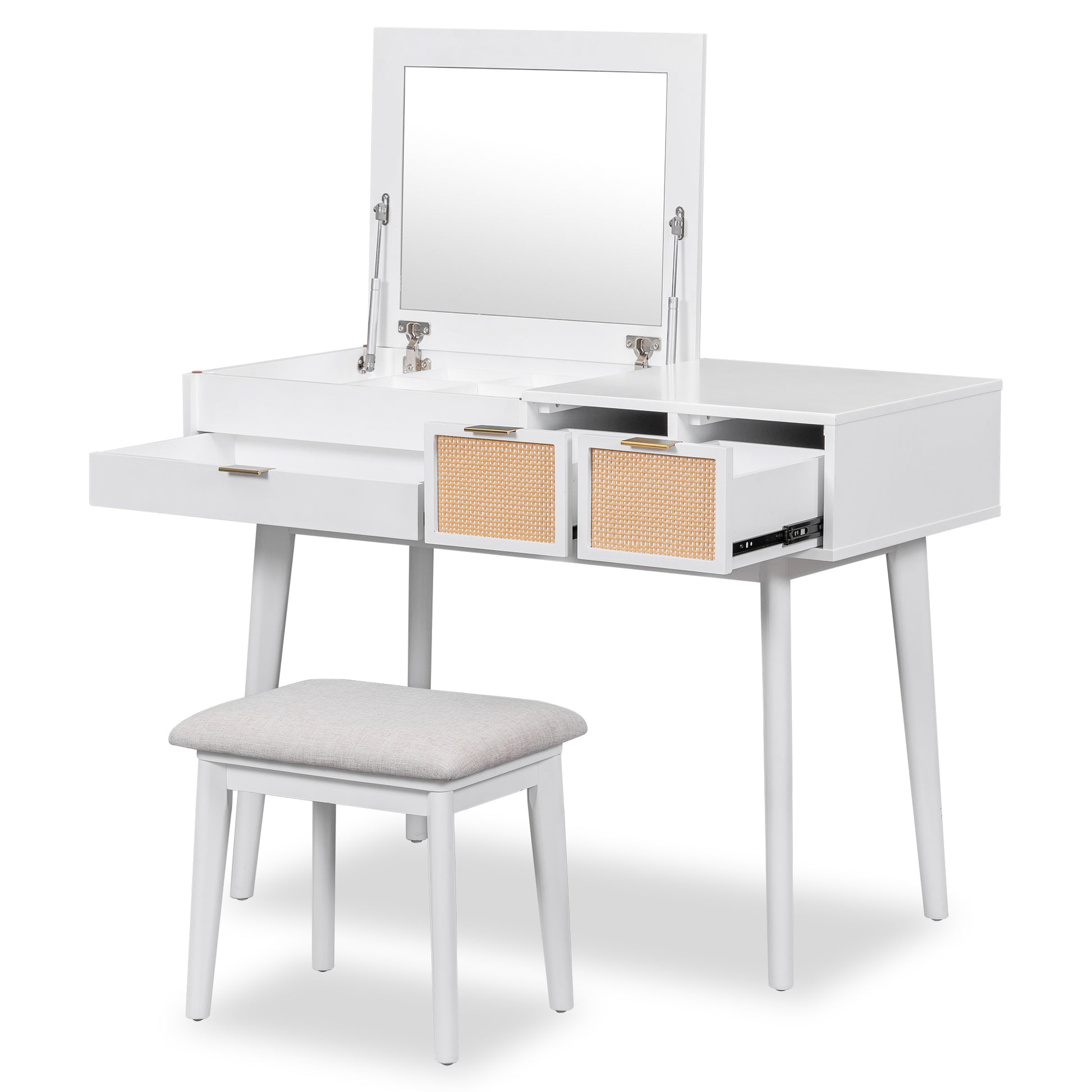 43.3" Classic Wood Makeup Vanity Set With Flip Top Mirror And Stool, Dressing Table With Three Drawers And Storage Space, White White Solid Wood Mdf