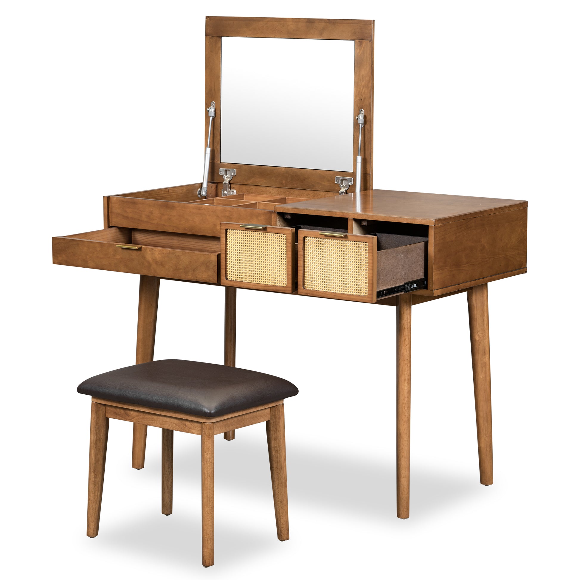 43.3" Classic Wood Makeup Vanity Set With Flip Top Mirror And Stool, Dressing Table With Three Drawers And Storage Space, Brown Brown Solid Wood Mdf