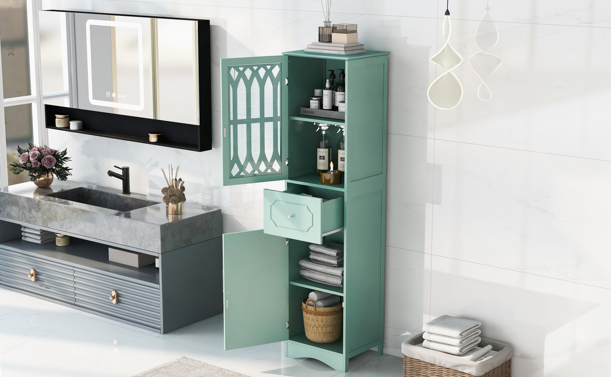 Tall Bathroom Cabinet, Freestanding Storage Cabinet With Drawer And Doors, Mdf Board, Acrylic Door, Adjustable Shelf, Green Green Mdf