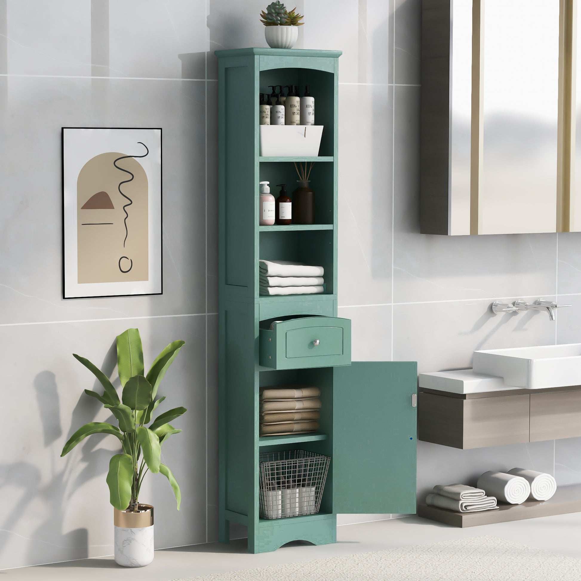 Tall Bathroom Cabinet, Freestanding Storage Cabinet With Drawer, Mdf Board, Adjustable Shelf, Green Green Mdf