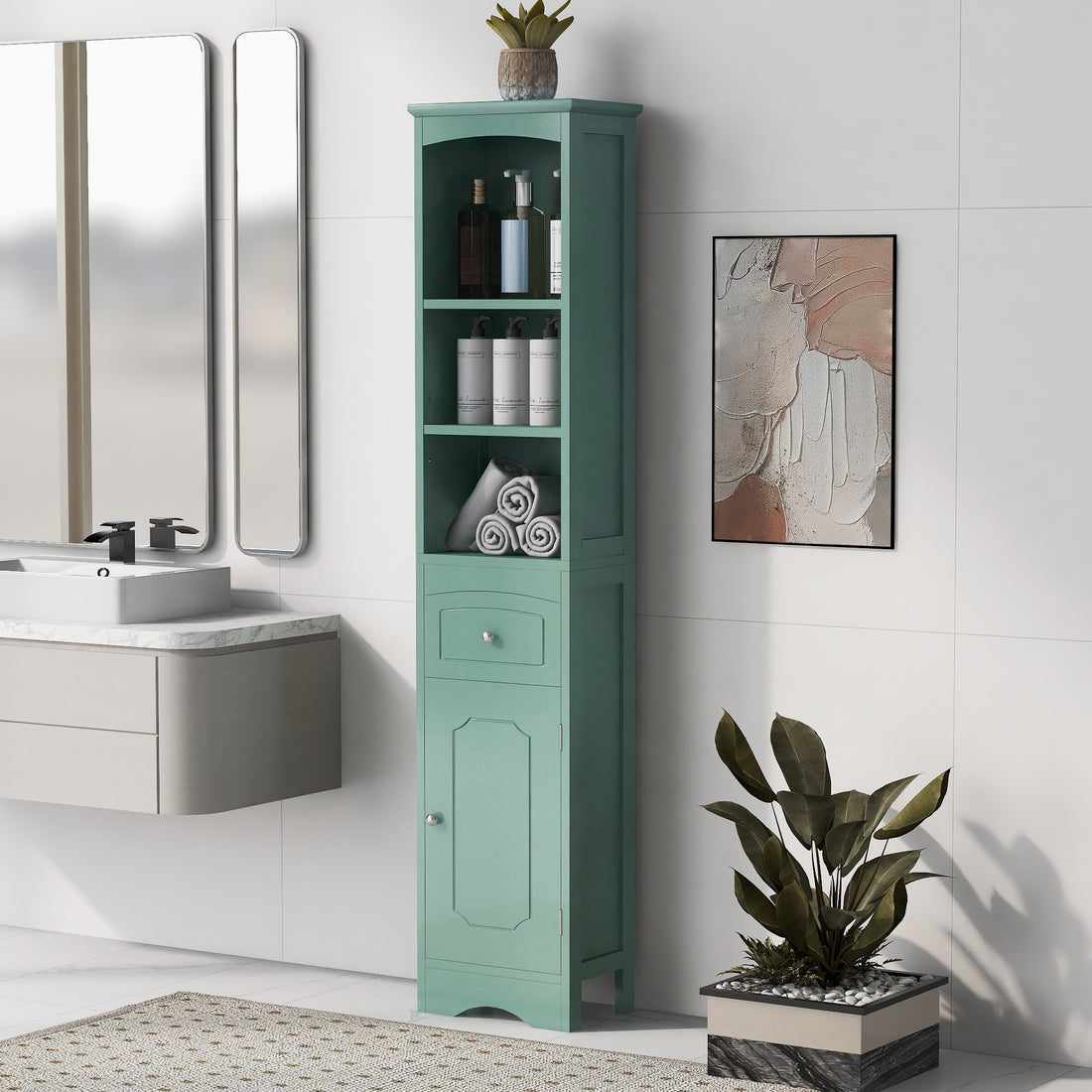 Tall Bathroom Cabinet, Freestanding Storage Cabinet With Drawer, Mdf Board, Adjustable Shelf, Green Green Mdf