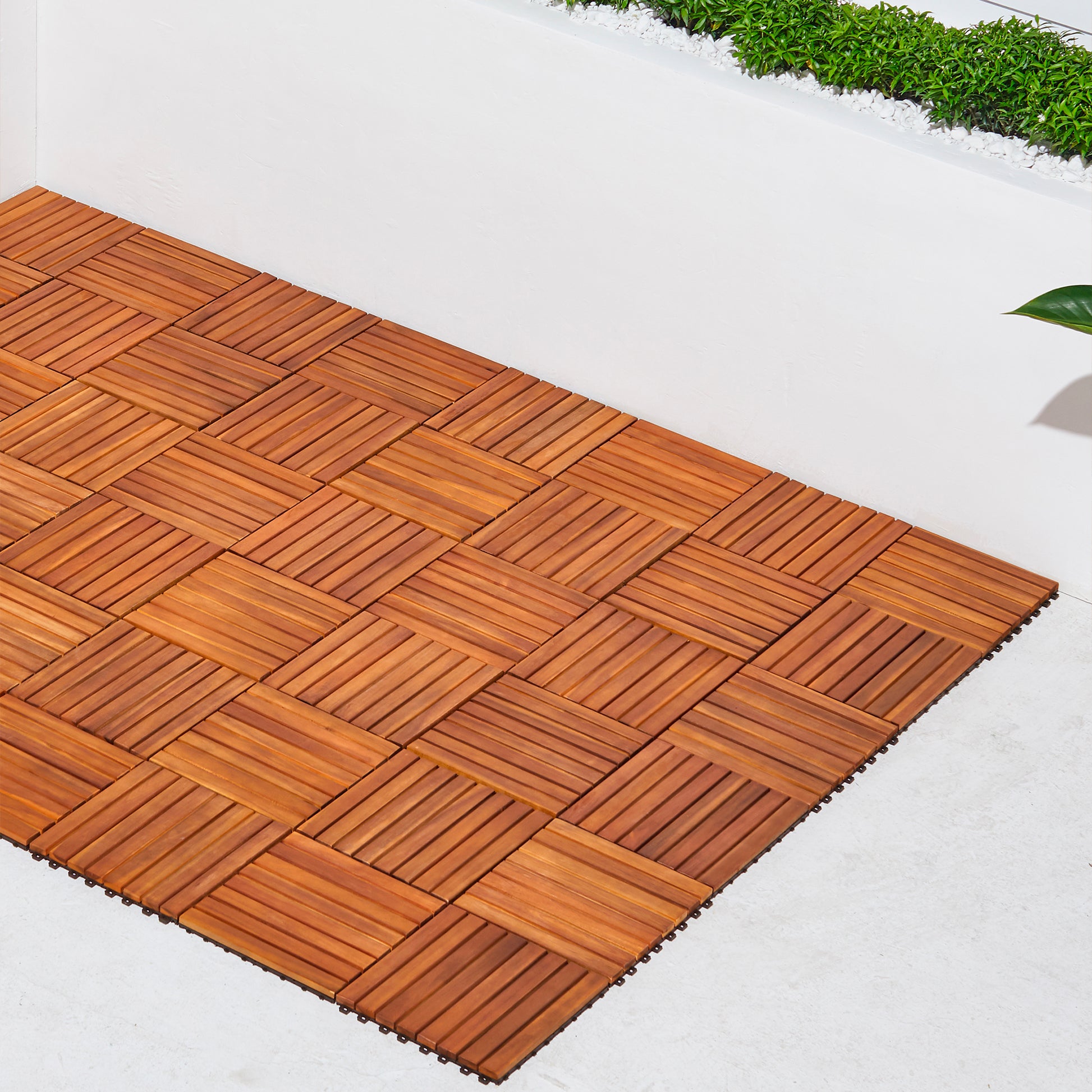 Damian 8 Slat Acacia Interlocking Deck Tile Set Of 10 Tiles Natural Wood Wood Acacia Wood