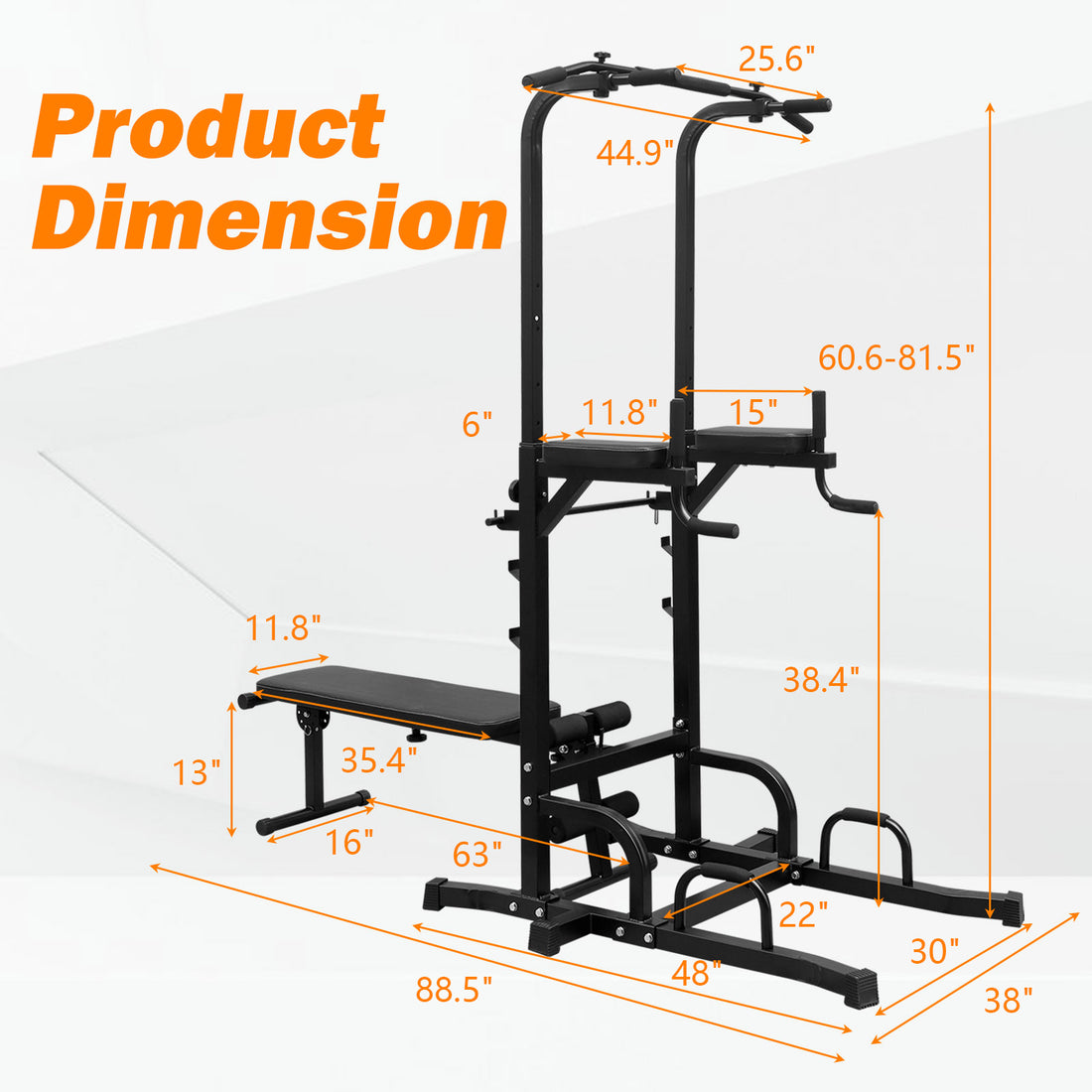 Power Tower Dip Station With Bench Pull Up Bar Stand Adjustable Height Heavy Duty Multi Function Fitness Training Equipment For Home Office Gym Black Steel