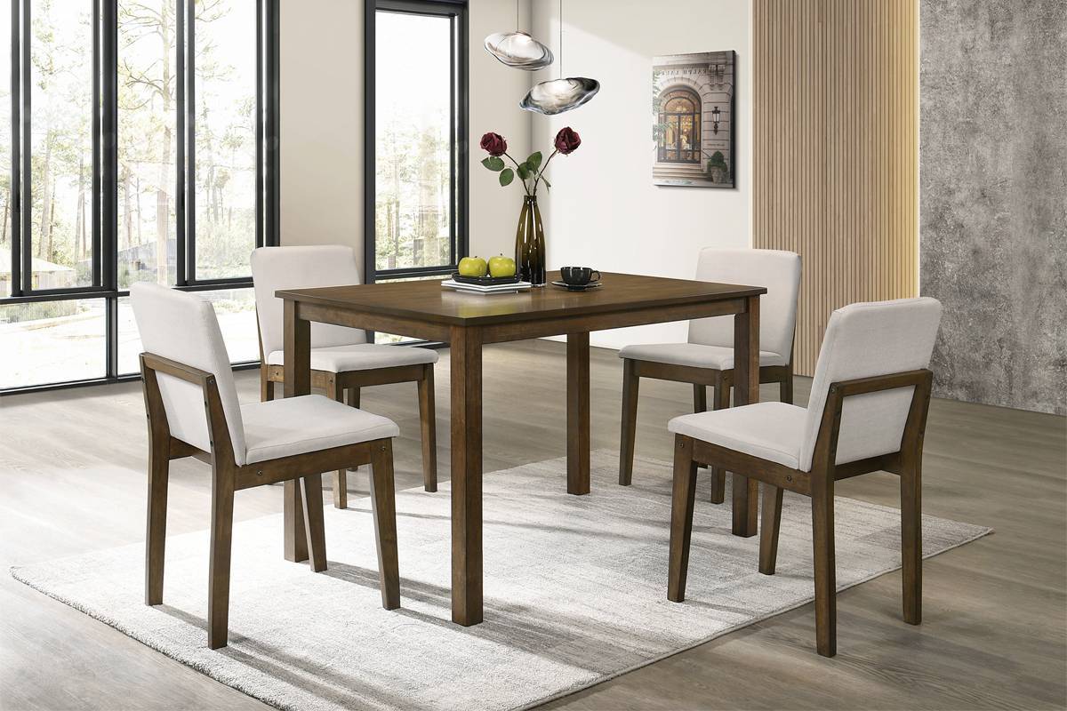 Dark Walnut Finish 5Pc Dining Room Set Dining Table 4X Chairs Beige Fabric Chair Seat Kitchen Breakfast Dining Room Furniture Rubberwood Veneer Unique Design Brown Wood Dining Room Rubberwood Rectangular Dining Table With Chair Wood Wood Walnut Solid