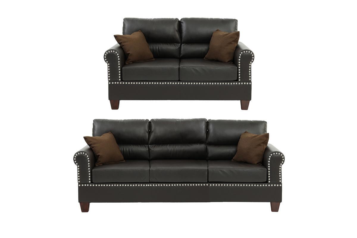 Espresso Faux Leather 2Pc Sofa Set Sofa And Loveseat Elegant Plush Contemporary Couch Living Room Furniture Espresso Espresso Faux Leather Wood Primary Living Space Cushion Back Classic,Contemporary,Modern Rolled Arms Foam Bonded Leather 5 Seat