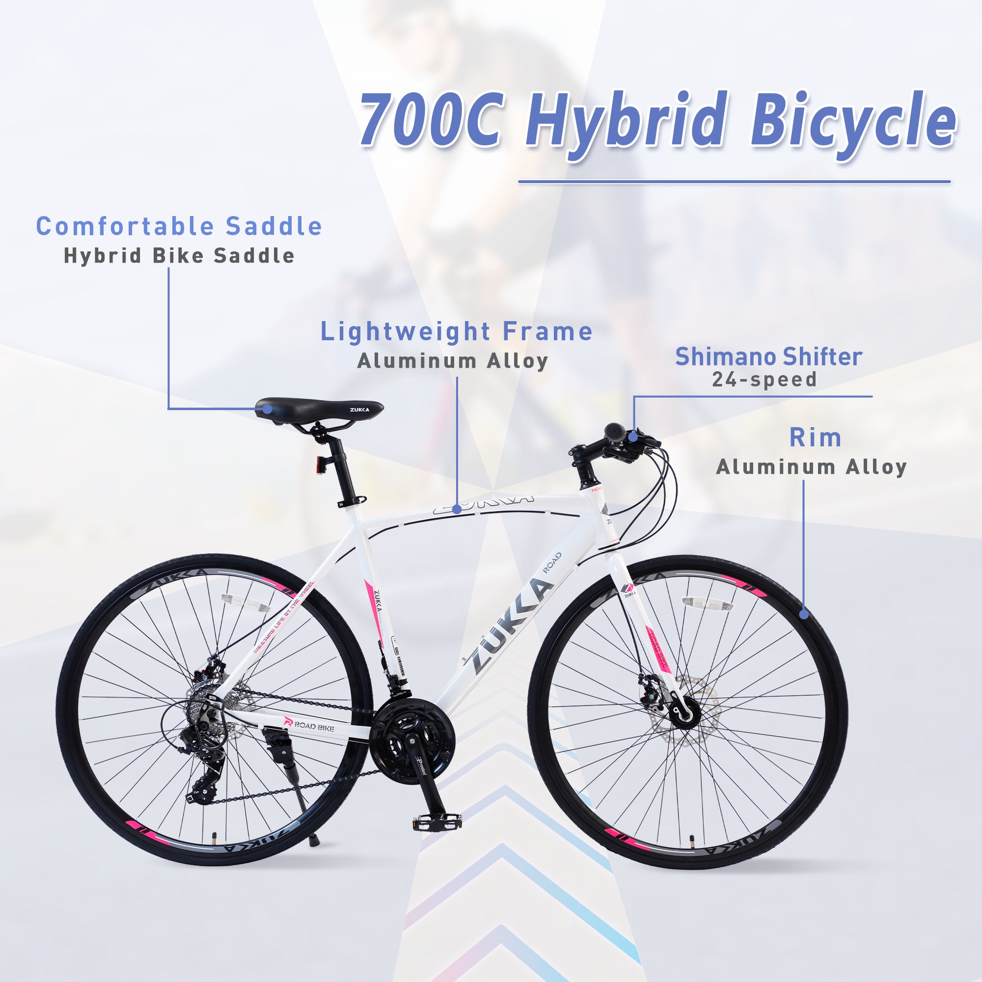 24 Speed Hybrid Bike Disc Brake 700C Road Bike For Men Women'S City Bicycle White Aluminium