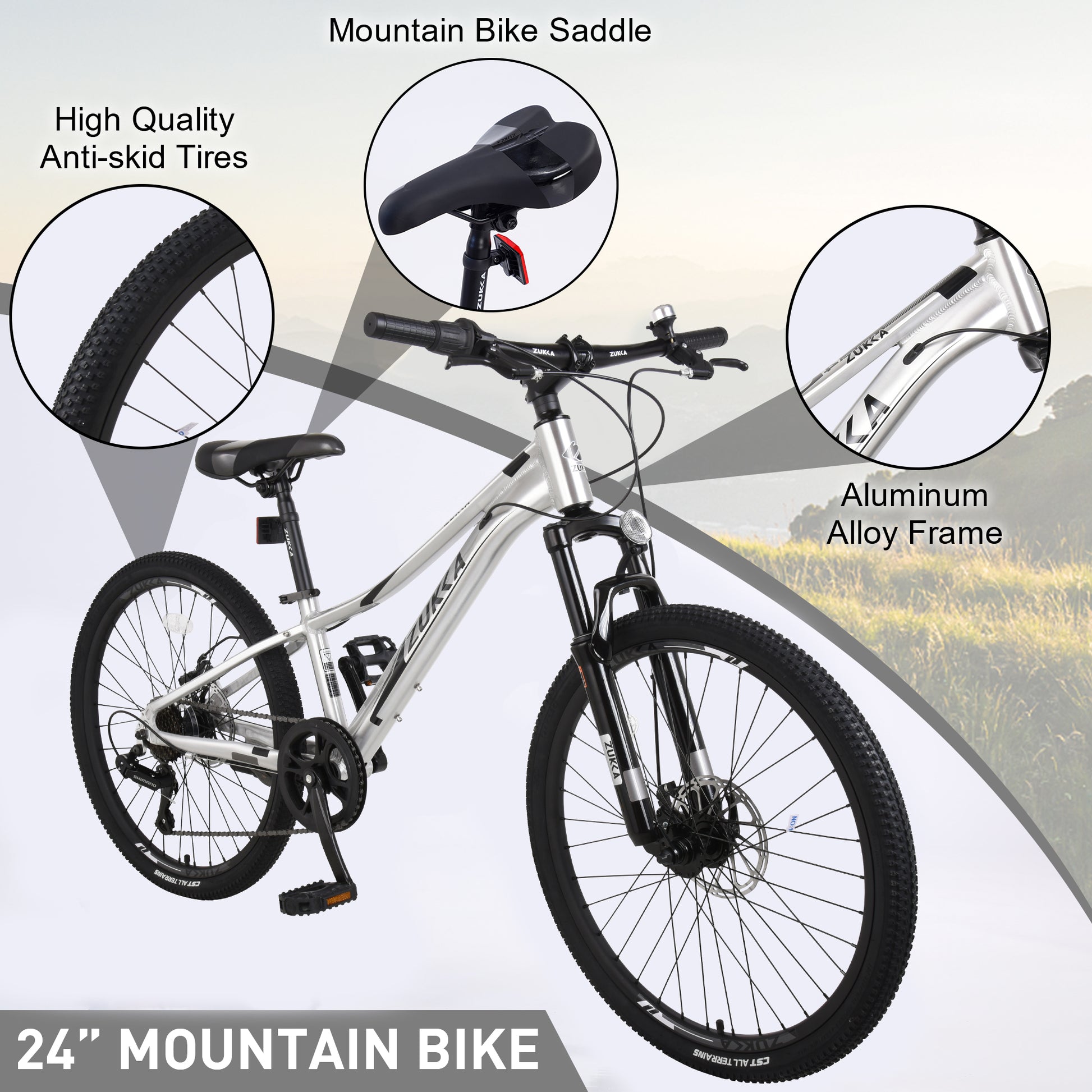 Mountain Bike For Girls And Boys Mountain 24 Inch Shimano 7 Speed Bike Cycling Silver Garden & Outdoor Aluminium Alloy