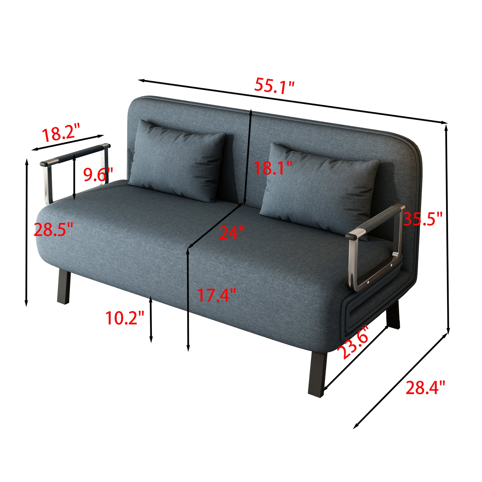 55 Convertible Chair Bed, Tri Fold Sofa Bed With Adjustable Backrest & Pillow, Leisure Chaise Lounge Couch With Sturdy Steel Frame For Home & Office, Comfortable Sleeper Chair Blue Grey Velvet Primary Living Space Contemporary Polyurethane Foam Metal 2