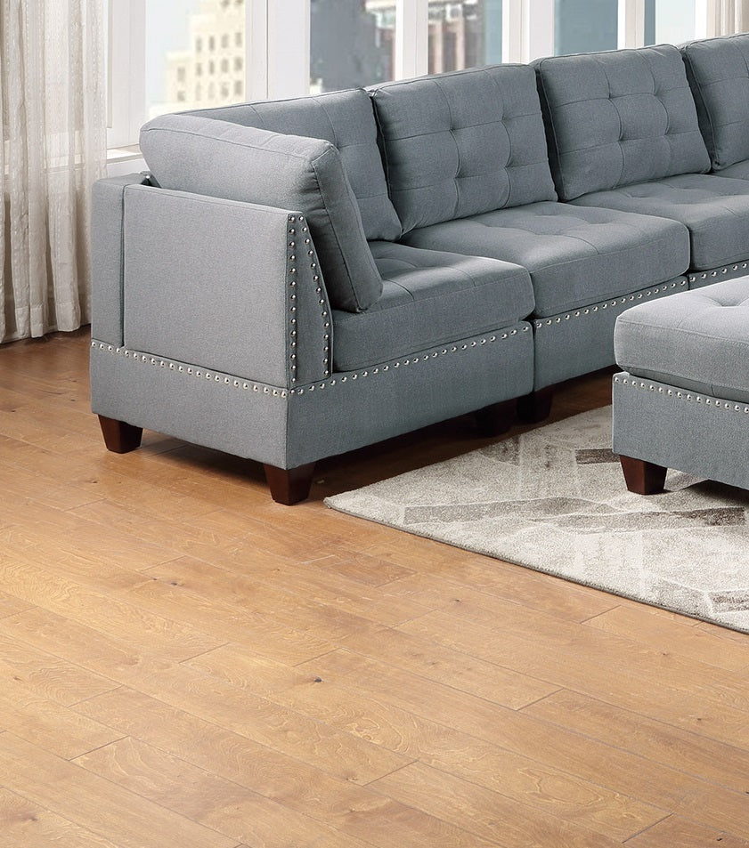 Modular Sectional 9Pc Set Living Room Furniture Corner Sectional Tufted Nail Heads Couch Gray Linen Like Fabric 3X Corner Wedge 4X Armless Chairs And 2X Ottomans Gray Primary Living Space Contemporary,Modern Fabric 9 Seat