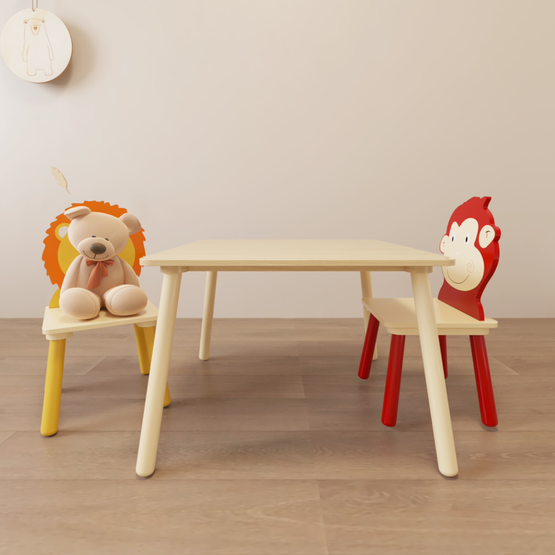 Kids Table And 2 Chairs Set, 3 Pieces Toddler Table And Chair Set, Wooden Activity Play Table Set Lion&Monkey Natural Solid Wood Mdf