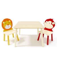 Kids Table And 2 Chairs Set, 3 Pieces Toddler Table And Chair Set, Wooden Activity Play Table Set Lion&Monkey Natural Solid Wood Mdf