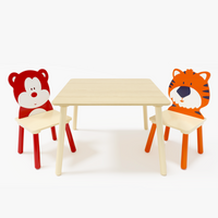 Kids Table And 2 Chairs Set, 3 Pieces Toddler Table And Chair Set, Wooden Activity Play Table Set Bear&Tiger Natural Solid Wood Mdf