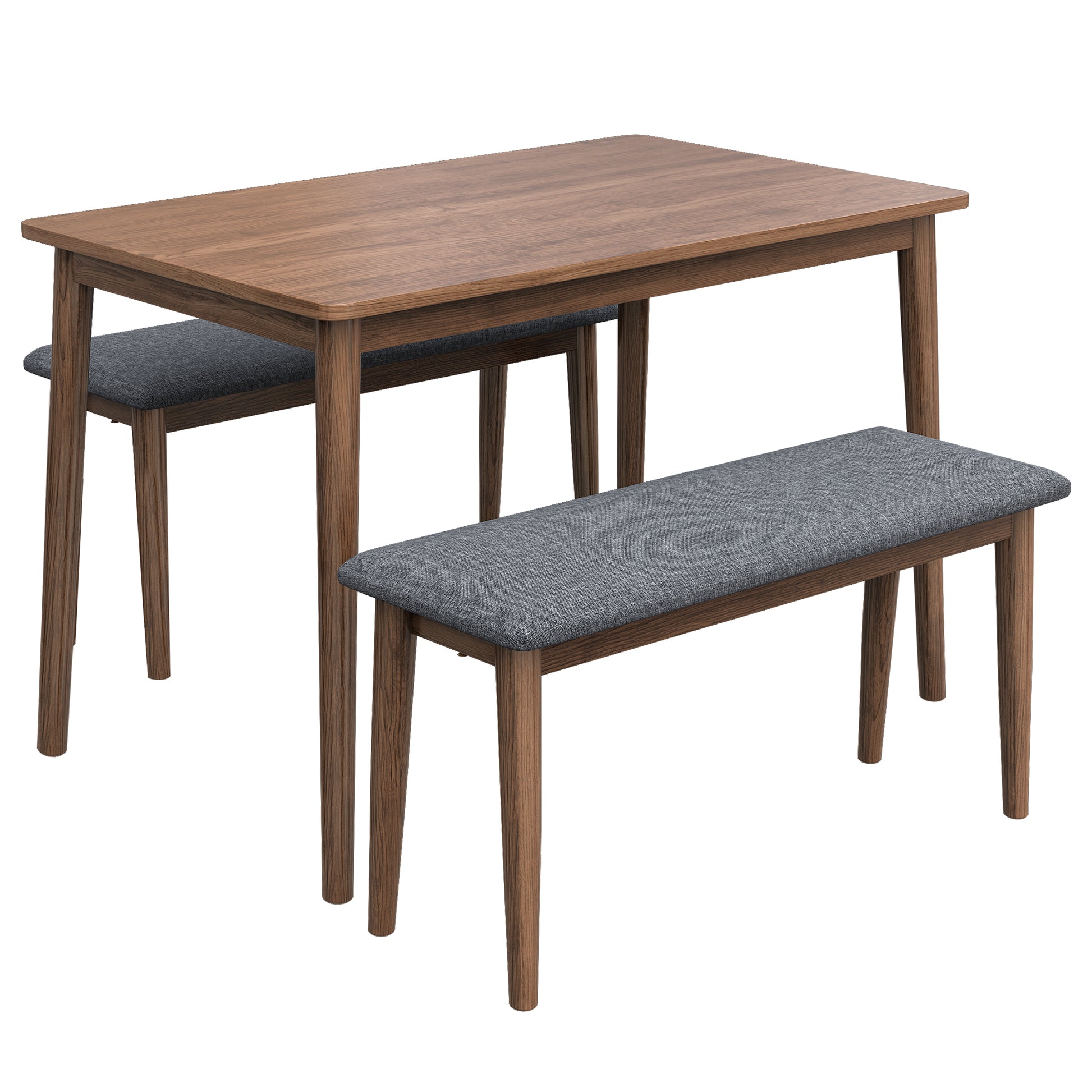 3 Pieces Modern Dining Table Set With 1 Rectangular Table And 2 Benches Fabric Cushion For 4 All Rubber Wood Kitchen Dining Table For Dining Room Kitchen Small Space Walnut Color And Grey Walnut