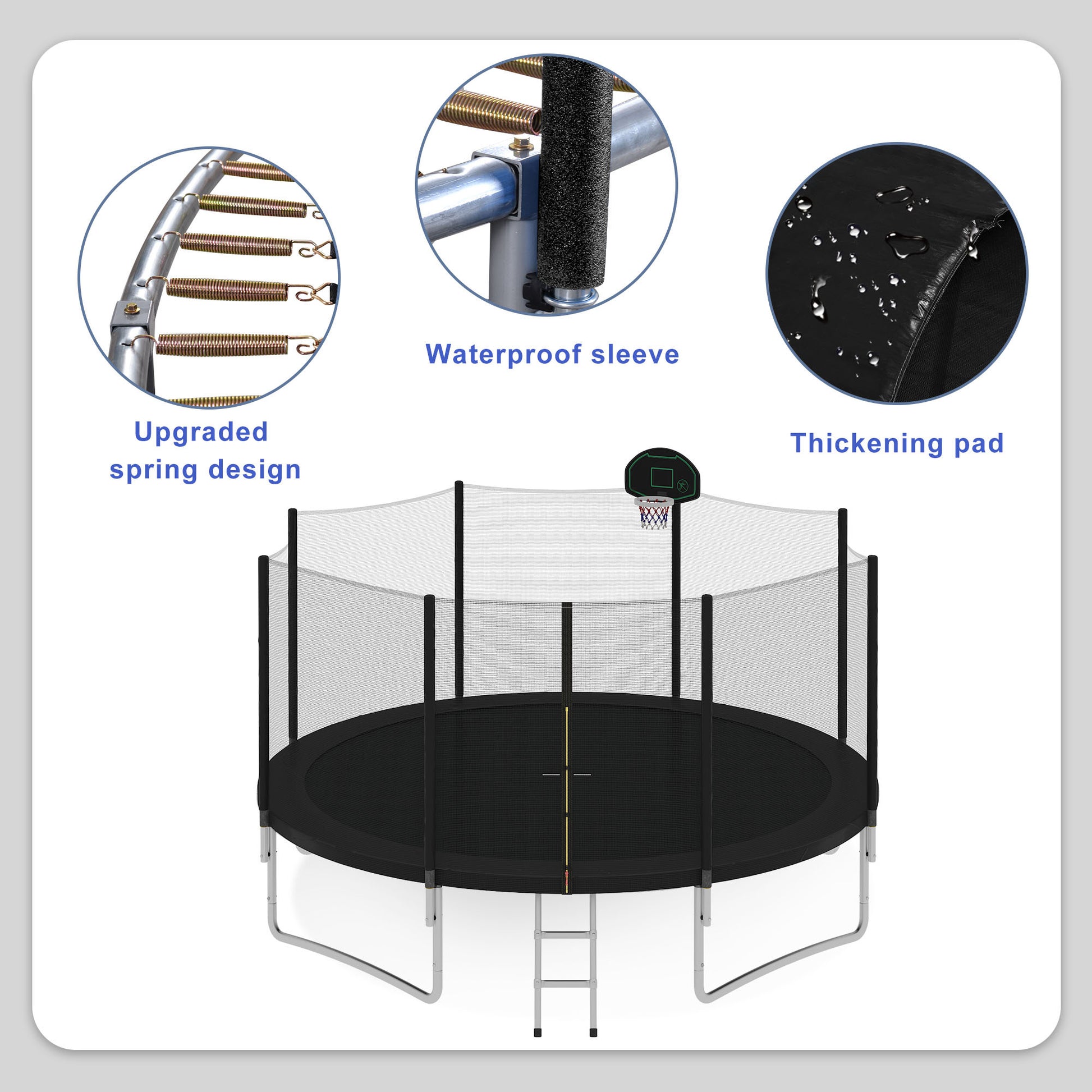 14Ft Trampoline For Kids With Safety Enclosure Net, Basketball Hoop And Ladder, Easy Assembly Round Outdoor Recreational Trampoline Black Metal