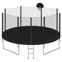 14Ft Trampoline For Kids With Safety Enclosure Net, Basketball Hoop And Ladder, Easy Assembly Round Outdoor Recreational Trampoline Black Metal