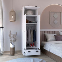 White Dresser Closet With Upper Storage Covered With 1 Door, This Wardrobe Also Has 2 Central Shelves And 1 Tube For Hanging Clothes Covered By 2 Doors, And 1 Drawer At The Bottom. White Particle Board Particle Board