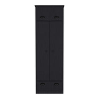 Black Dresser Closet With Upper Storage Covered With 1 Door, This Wardrobe Also Has 2 Central Shelves And 1 Tube For Hanging Clothes Covered By 2 Doors, And 1 Drawer At The Bottom. Black Particle Board Particle Board