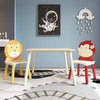 Kids Table And 2 Chairs Set, 3 Pieces Toddler Table And Chair Set, Wooden Activity Play Table Set Lion&Monkey Natural Solid Wood Mdf