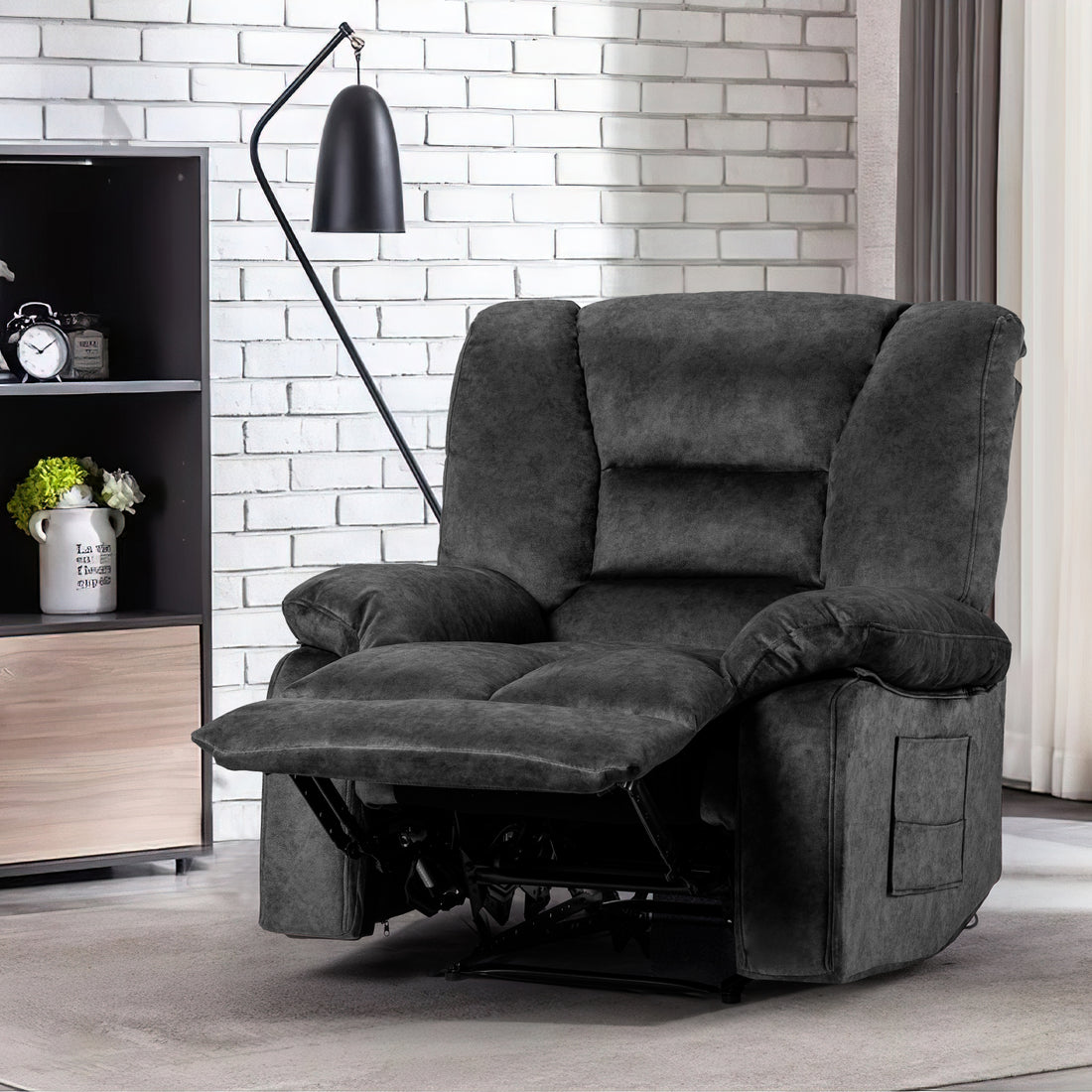 Oversized Recliner Chair Sofa With Massage And Heating Grey Velvet Manual Handle Metal Primary Living Space Soft Cushion Back Heavy Duty American Traditional,Contemporary,Modern Pillow Top Arms Foam Fabric