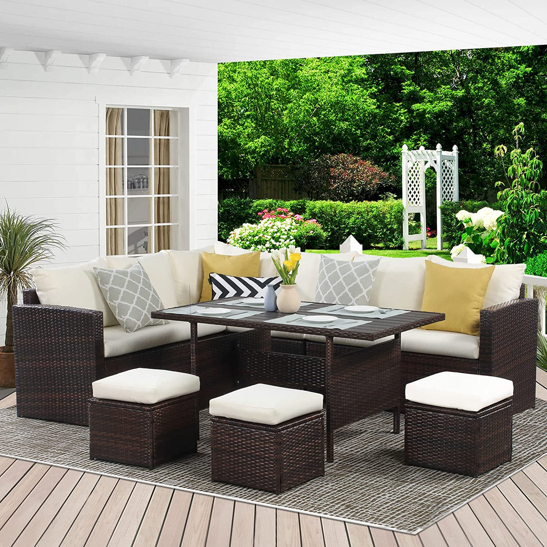 7 Pieces Pe Rattan Wicker Patio Dining Sectional Cusions Sofa Set With Ivory Cushions Ivory Wicker