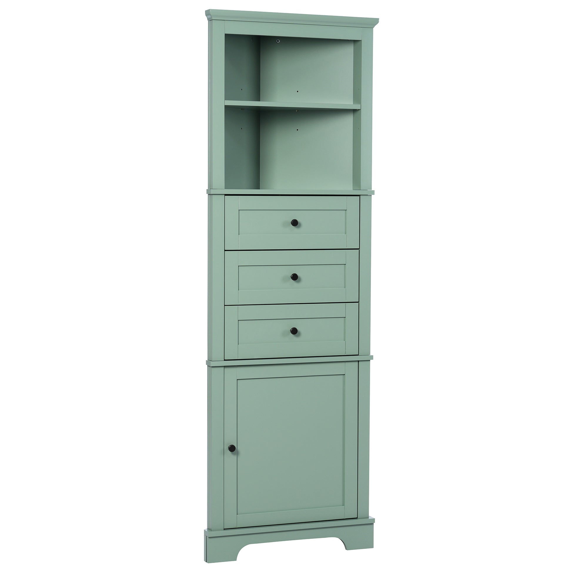 Green Triangle Tall Cabinet With 3 Drawers And Adjustable Shelves For Bathroom, Kitchen Or Living Room, Mdf Board With Painted Finish Green Mdf