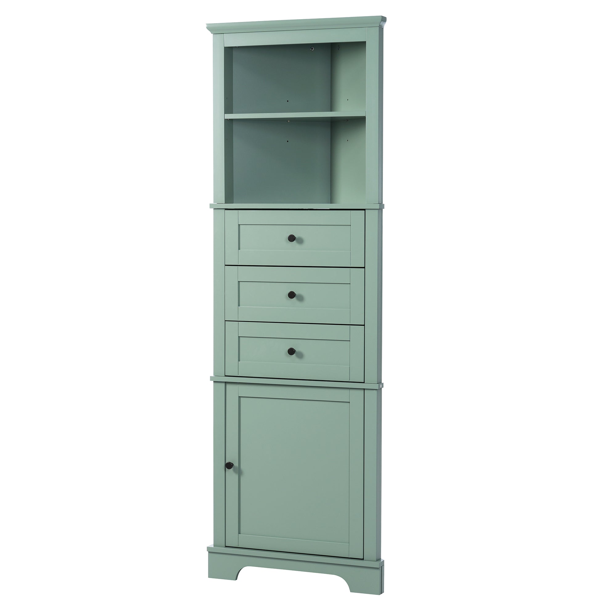 Green Triangle Tall Cabinet With 3 Drawers And Adjustable Shelves For Bathroom, Kitchen Or Living Room, Mdf Board With Painted Finish Green Mdf