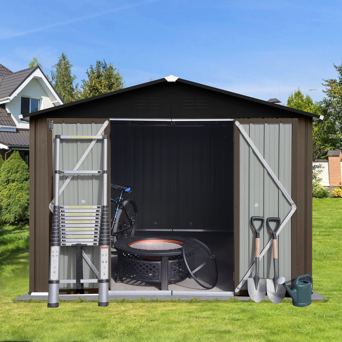 Metal Garden Sheds 10Ft 8Ft Outdoor Brown Black Brown Metal