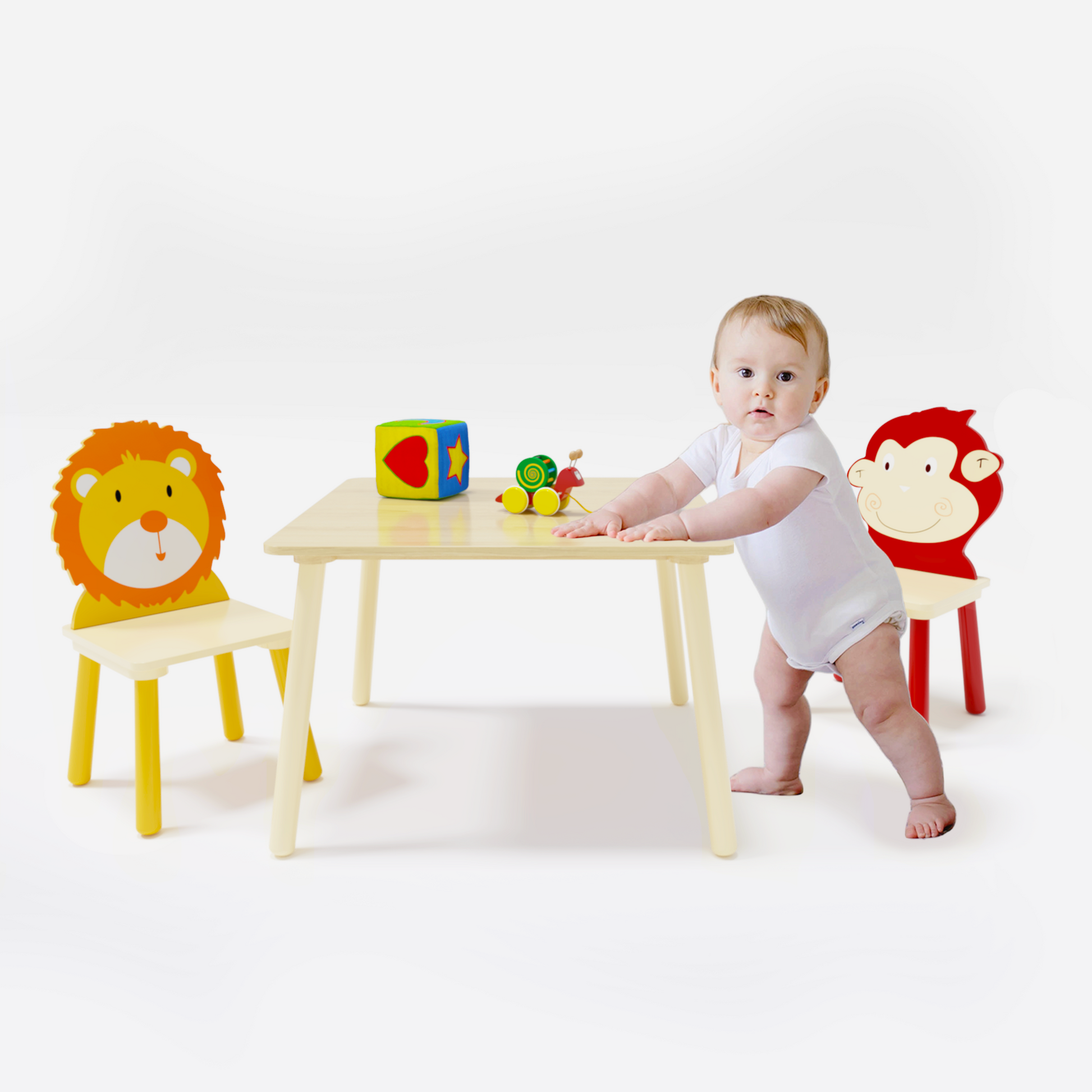 Kids Table And 2 Chairs Set, 3 Pieces Toddler Table And Chair Set, Wooden Activity Play Table Set Lion&Monkey Natural Solid Wood Mdf